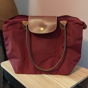 Longchamp Burgundy and Brown Tote Bag with Leather Trim